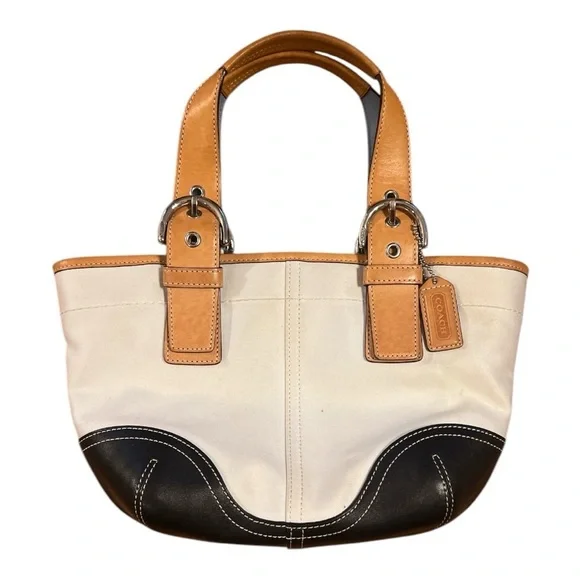 COACH Tan and Black Leather Tote Bag VINTAGE - Picture 1 of 7
